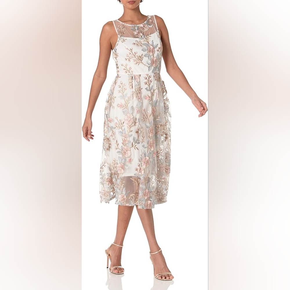 Adrianna Papell Floral Embroidery Flared Dress Pink Multi
